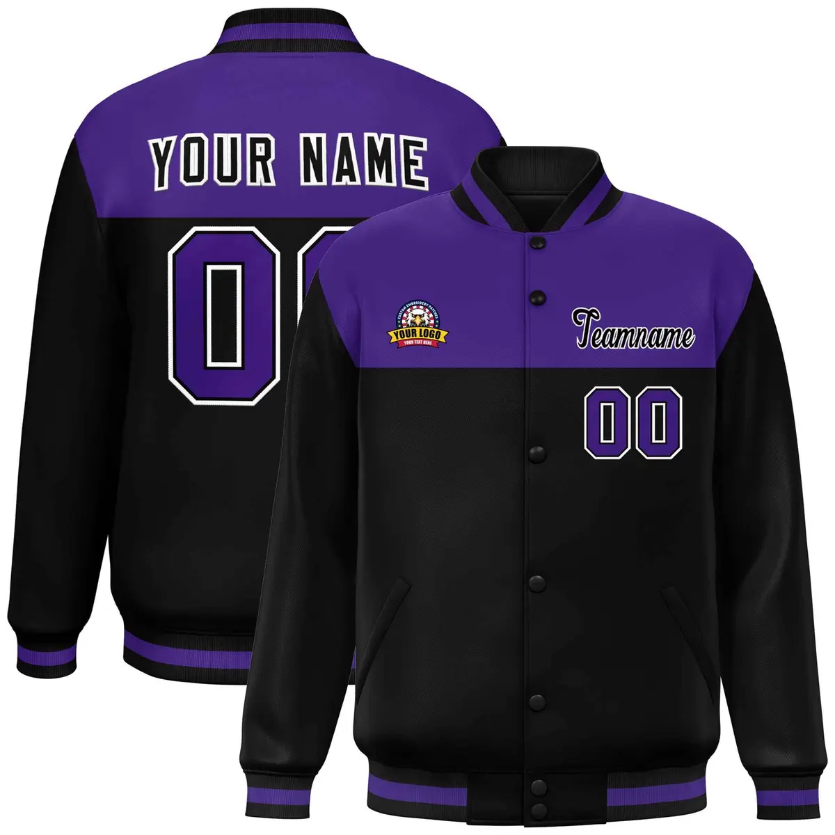Purple Black-White Color Block Lettermen Baseball Jacket