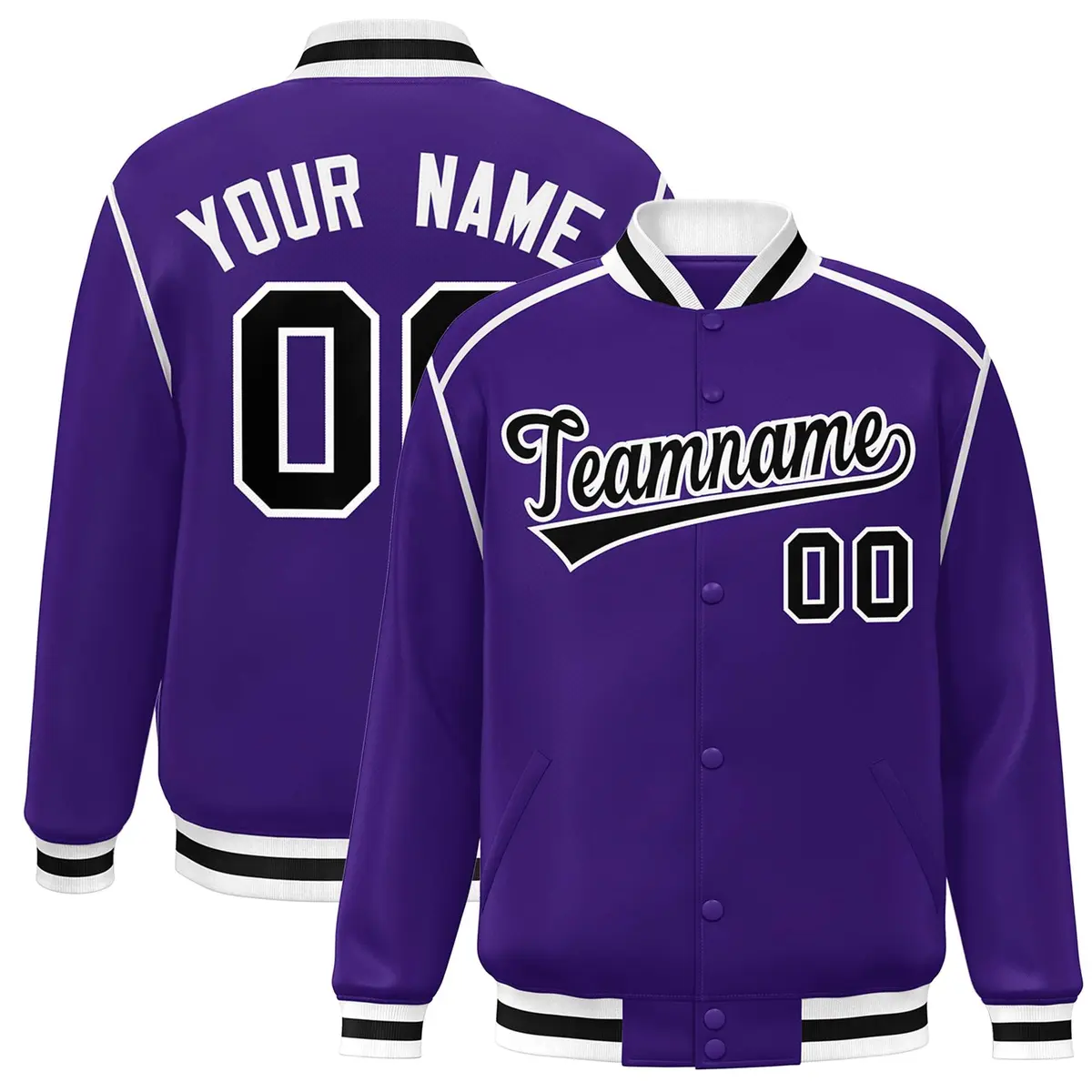 Purple Black-White Color Block Ribbon Varsity Full-Snap Bomber Jacket
