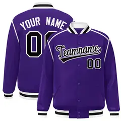 Purple Black-White Color Block Ribbon Varsity Full-Snap Bomber Jacket