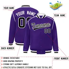 Purple Black-White Color Block Ribbon Varsity Full-Snap Bomber Jacket 2