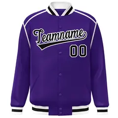 Purple Black-White Color Block Ribbon Varsity Full-Snap Bomber Jacket 3