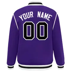 Purple Black-White Color Block Ribbon Varsity Full-Snap Bomber Jacket 4