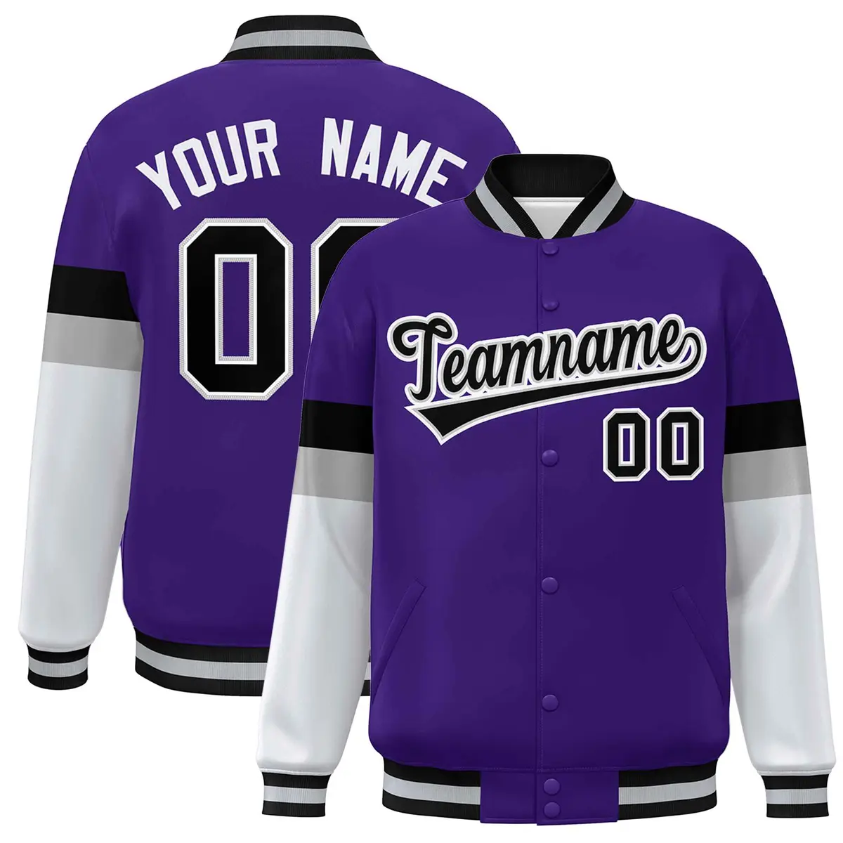 Purple Black-White Color Block Varsity Full-Snap Baseball Jacket