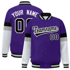 Purple Black-White Color Block Varsity Full-Snap Baseball Jacket