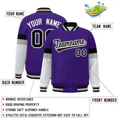 Purple Black-White Color Block Varsity Full-Snap Baseball Jacket 2