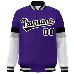 Purple Black-White Color Block Varsity Full-Snap Baseball Jacket 3