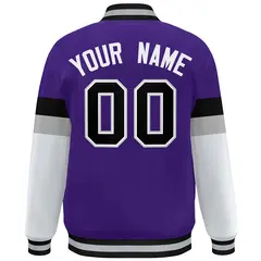 Purple Black-White Color Block Varsity Full-Snap Baseball Jacket 4
