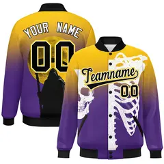 Purple Black White Halloween Skeleton Varsity Jacket Stretch Fabric 1