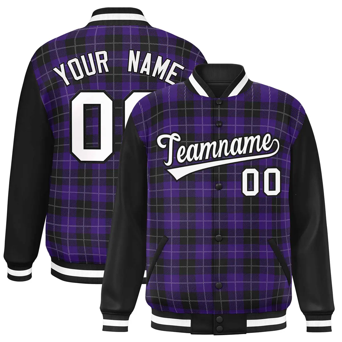 Purple Black-White Plaid Varsity Letterman Baseball Jacket