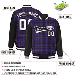 Purple Black-White Plaid Varsity Letterman Baseball Jacket 2