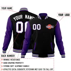 Purple Black White Raglan Sleeve Cotton Letterman Jacket 2