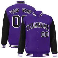 Purple Black-White Raglan Varsity Full-Snap Letterman Jacket