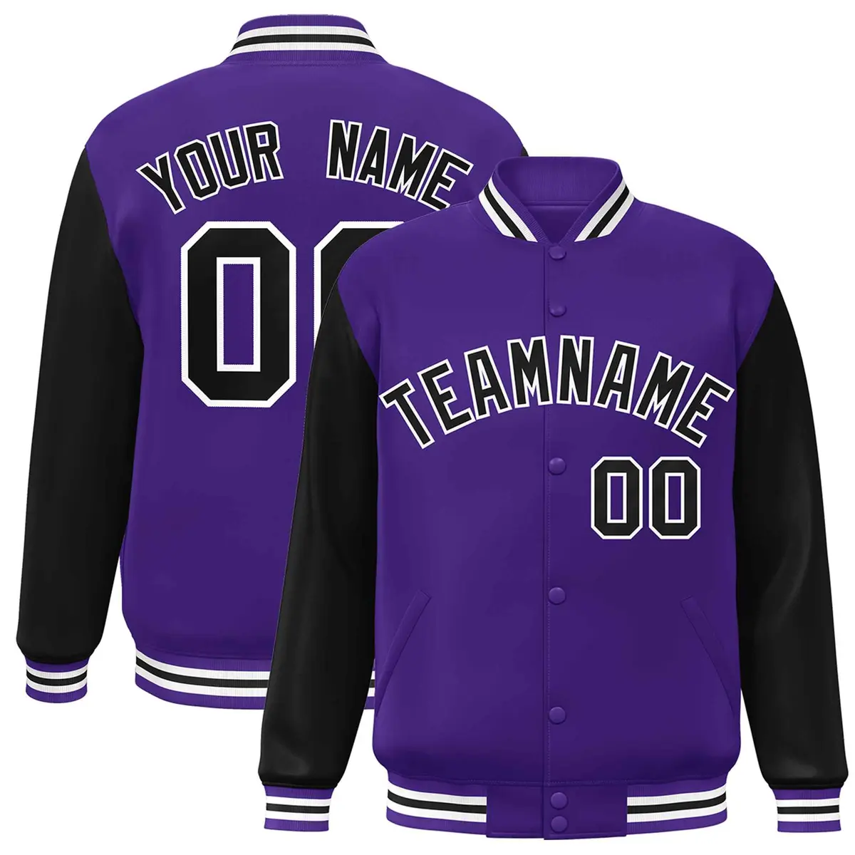 Purple Black-White Raglan Varsity Full-Snap Letterman Jacket