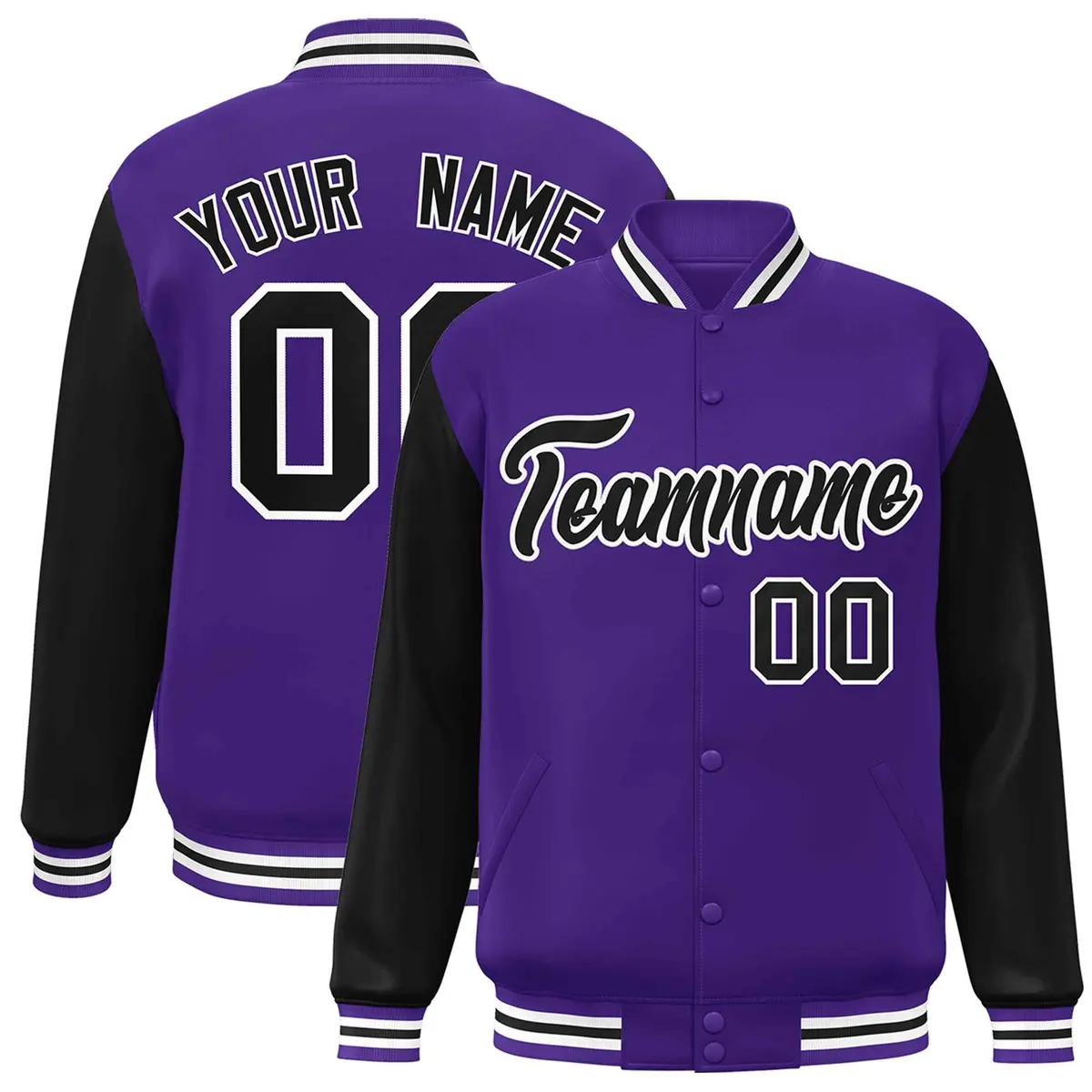 Purple Black-White Raglan Varsity Full-Snap Letterman Jacket