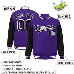 Purple Black-White Raglan Varsity Full-Snap Letterman Jacket 2