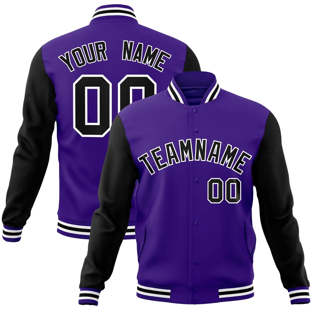 Purple Black-White Raglan Varsity Full-Snap Letterman Jacket