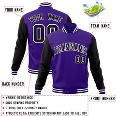 Purple Black-White Raglan Varsity Full-Snap Letterman Jacket 4