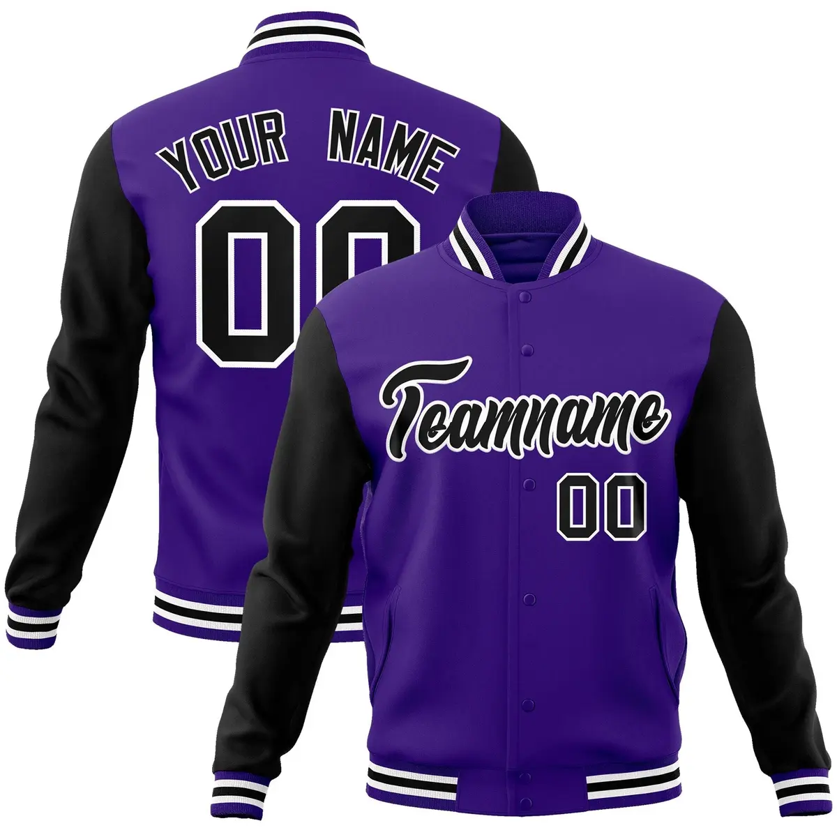 Purple Black-White Raglan Varsity Full-Snap Letterman Jacket