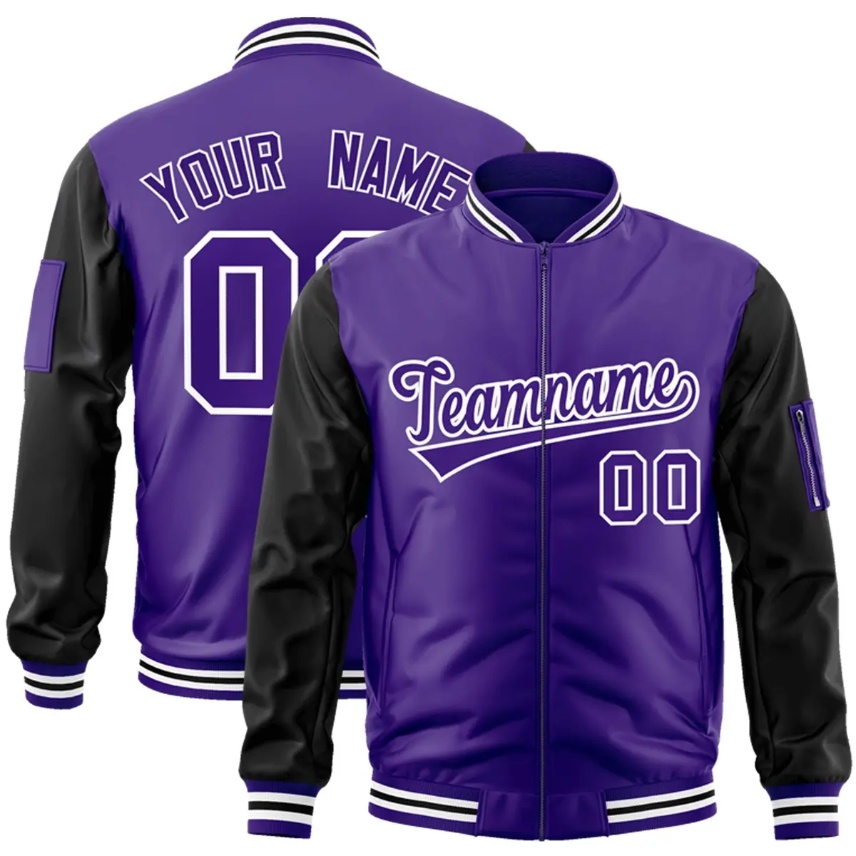 Purple Black-White Varsity Full-Zip Raglan Letterman Bomber Jacket