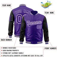 Purple Black-White Varsity Full-Zip Raglan Letterman Bomber Jacket 2