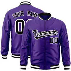 Purple Black-White Varsity Letterman Bomber Jacket Full-Zip