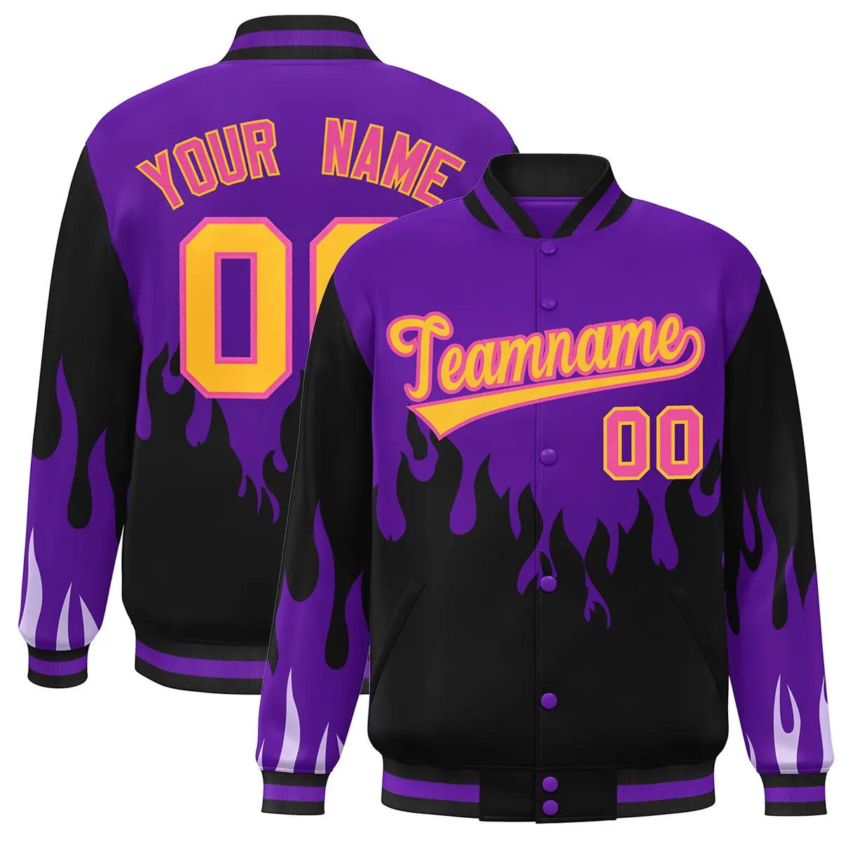 Purple Black-Yellow Flame Graffiti Varsity Full-Snap Jacket