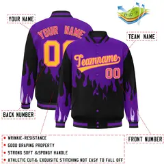 Purple Black-Yellow Flame Graffiti Varsity Full-Snap Jacket 2