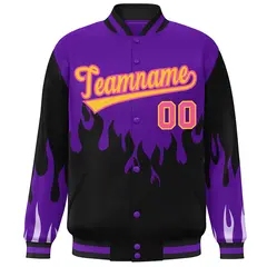 Purple Black-Yellow Flame Graffiti Varsity Full-Snap Jacket 3