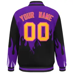 Purple Black-Yellow Flame Graffiti Varsity Full-Snap Jacket 4