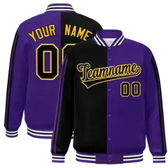 Purple Black-Yellow Two Tone Color Block Varsity Baseball Bomber Jacket