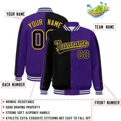 Purple Black-Yellow Two Tone Color Block Varsity Baseball Bomber Jacket 2