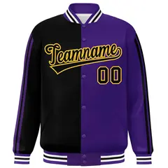 Purple Black-Yellow Two Tone Color Block Varsity Baseball Bomber Jacket 3