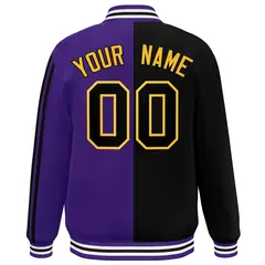 Purple Black-Yellow Two Tone Color Block Varsity Baseball Bomber Jacket 4
