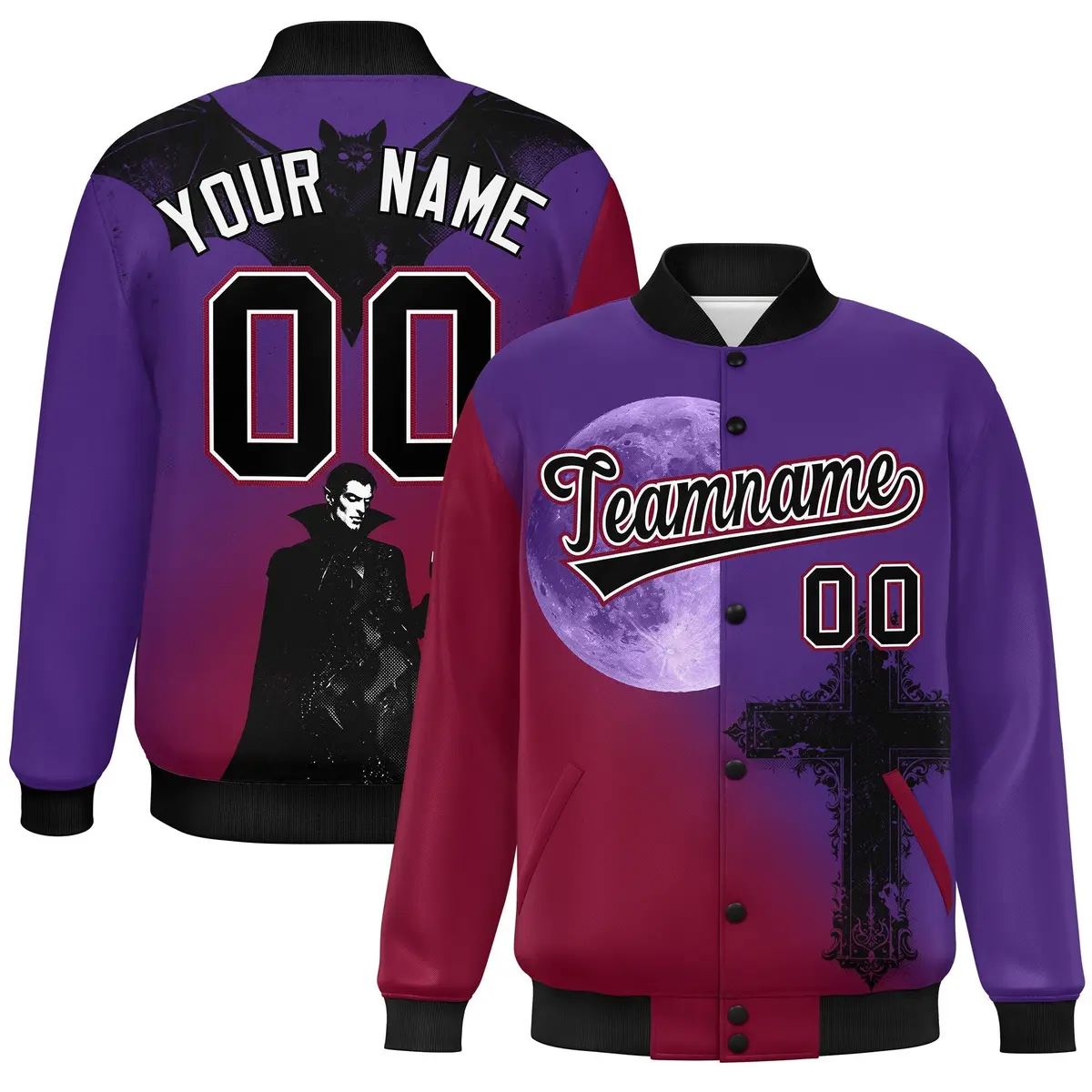 Purple Cardinal Black Halloween Skeleton Graffiti Varsity Jacket