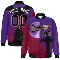 Purple Cardinal Black Halloween Skeleton Graffiti Varsity Jacket