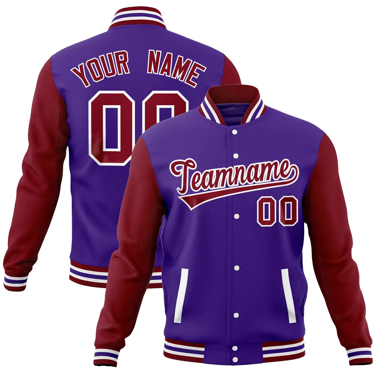 Purple Crimson Raglan Sleeves Full-Snap Varsity Letterman Baseball Jacket