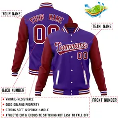 Purple Crimson Raglan Sleeves Full-Snap Varsity Letterman Baseball Jacket 4