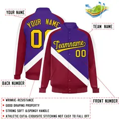 Purple Crimson Raglan Varsity Full-Snap Letterman Baseball Jacket 2