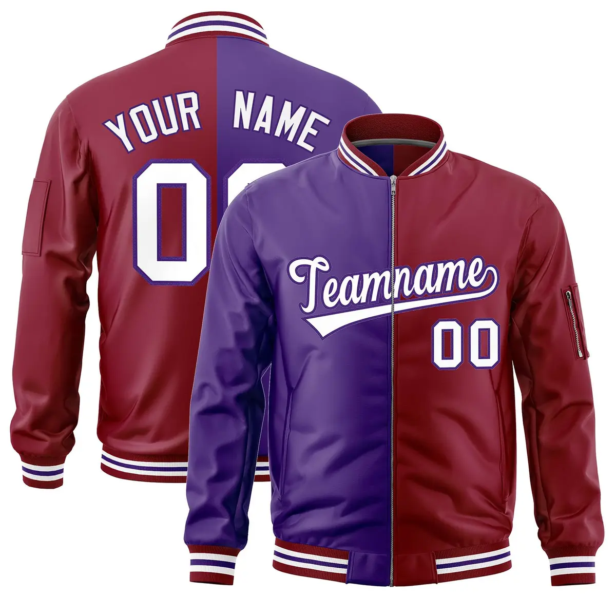 Purple Crimson Two Tone Split Varsity Letterman Bomber Jacket