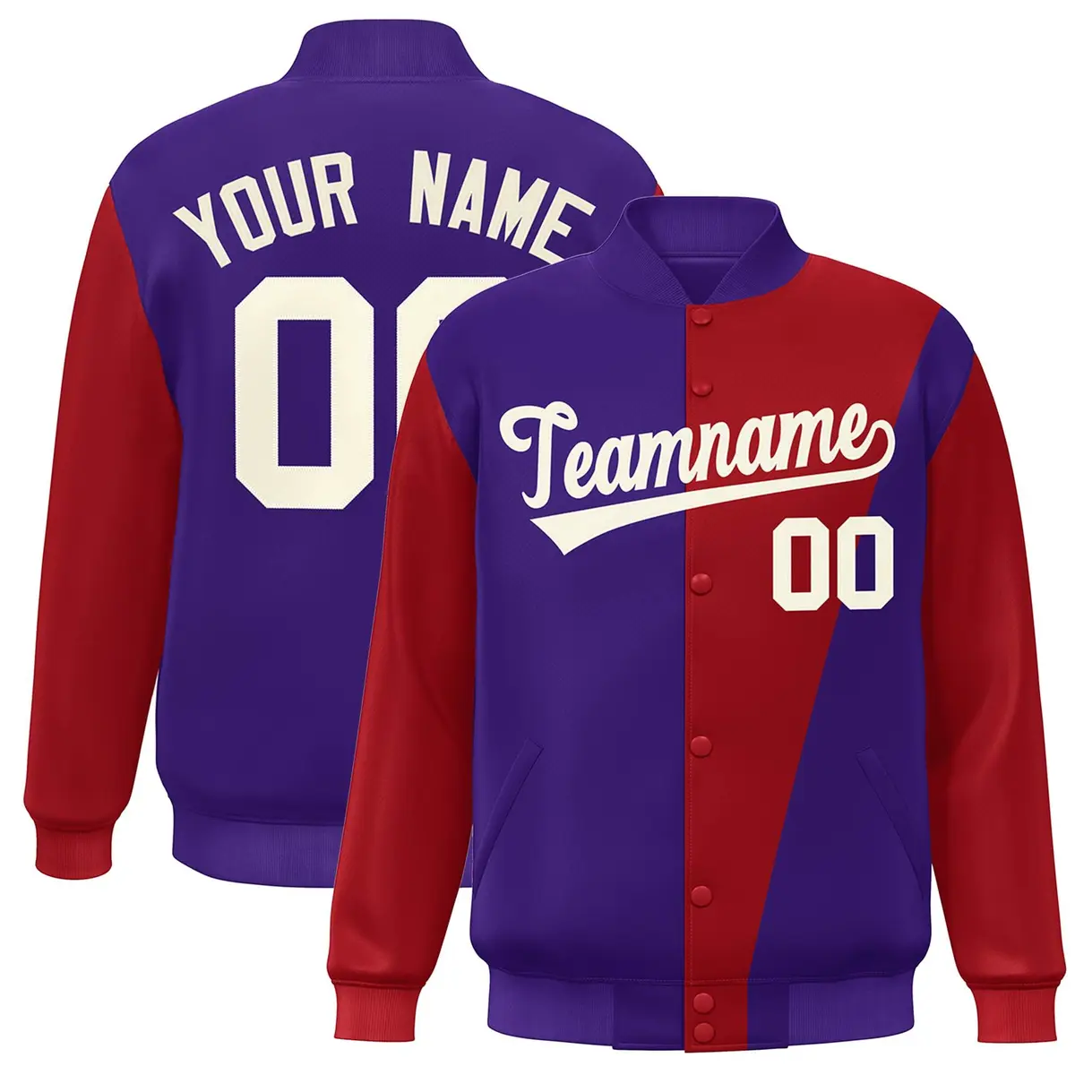 Purple Crimson-White Color Block Varsity Full-Snap Bomber Jacket