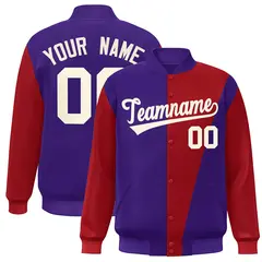 Purple Crimson-White Color Block Varsity Full-Snap Bomber Jacket