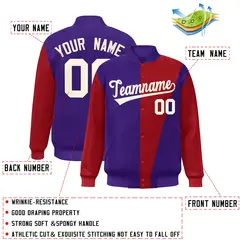 Purple Crimson-White Color Block Varsity Full-Snap Bomber Jacket 2