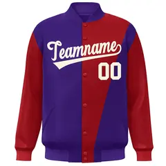 Purple Crimson-White Color Block Varsity Full-Snap Bomber Jacket 3
