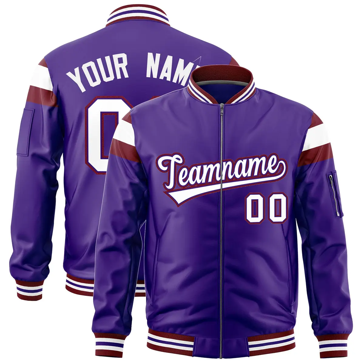 Purple Crimson-White Full-Zip Shoulder Color Block Letterman Bomber Jacket