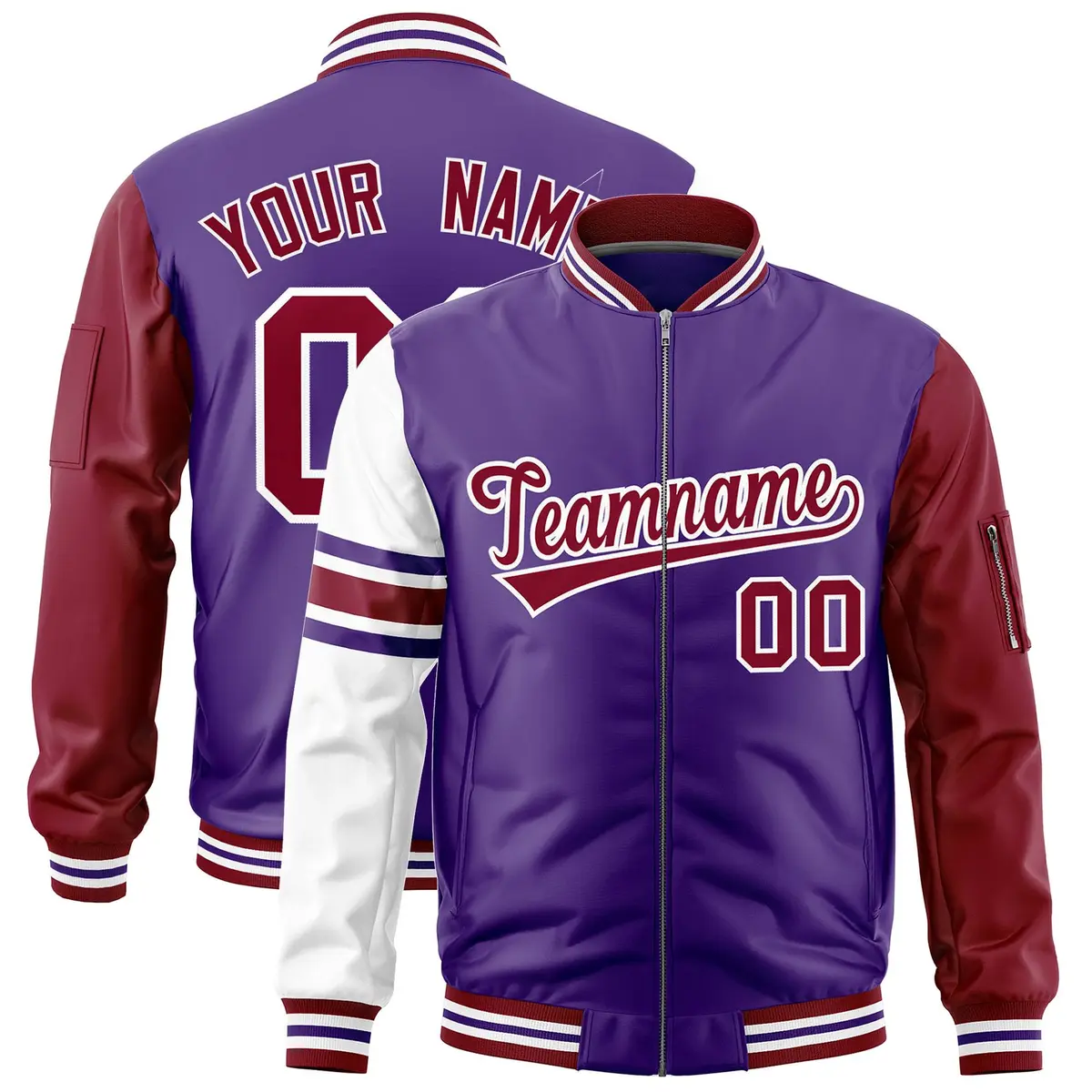Purple Crimson-White Varsity Full-Zip Raglan Stripe Letterman Bomber Jacket