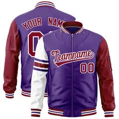 Purple Crimson-White Varsity Full-Zip Raglan Stripe Letterman Bomber Jacket 1