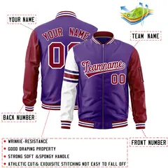 Purple Crimson-White Varsity Full-Zip Raglan Stripe Letterman Bomber Jacket 2