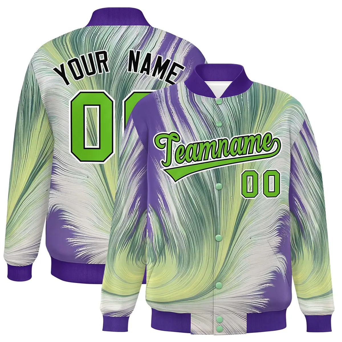 Purple Feather Fluid Pattern Varsity Letterman Jacket