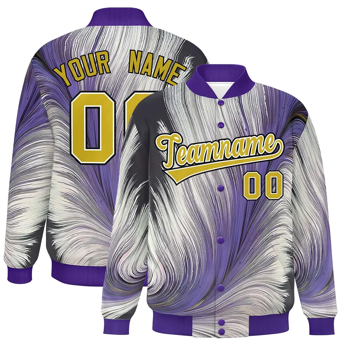 Purple Feather Fluid Pattern Varsity Letterman Jacket