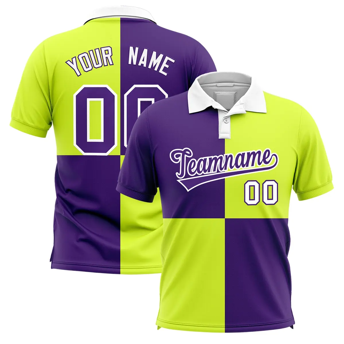 Purple Fluorescent Green Four Squares Performance Polo Shirt